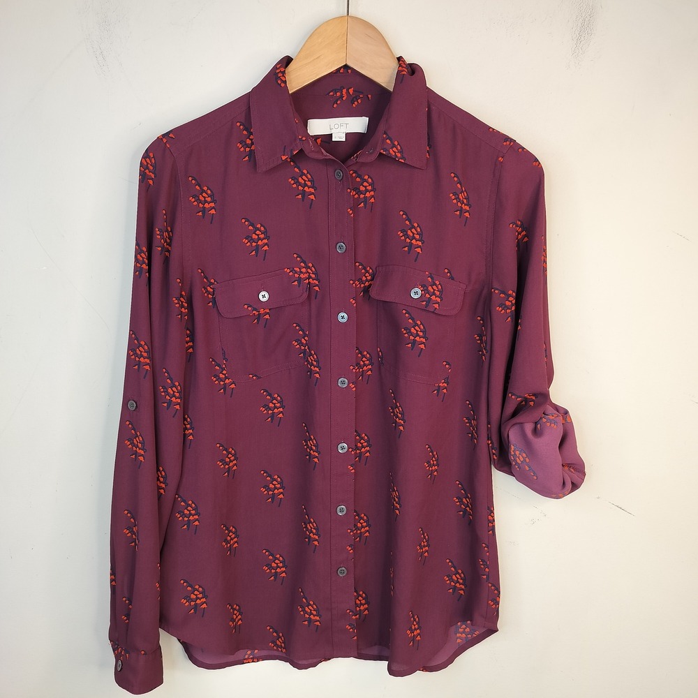 LOFT Button Down Shirt Womens Small Floral Roll‎ Tab Sleeve Workwear Maroon